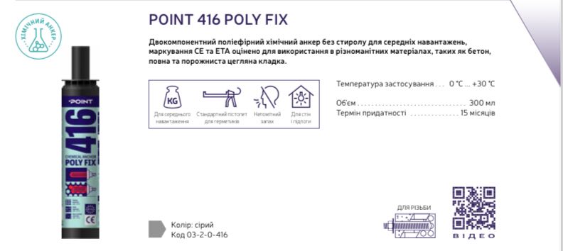 Анкер двокомпонентний поліефірний POINT 416 POLY FIX, сірий 300 мл